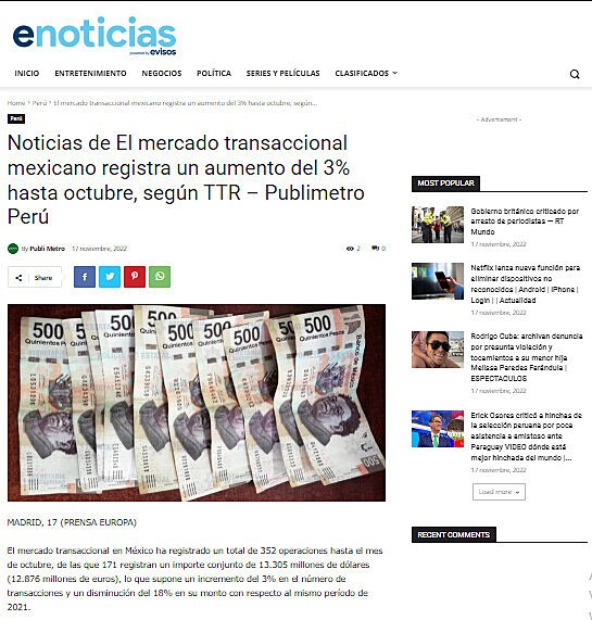 Noticias de El mercado transaccional mexicano registra un aumento del 3% hasta octubre, segn TTR  Publimetro Per